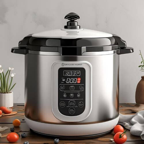 O ChatGPT disse: A imagem mostra uma panela de pressão elétrica moderna em uma cozinha iluminada. Ela tem acabamento em aço inox, painel digital na frente com botões e funções visíveis, e uma alça preta no topo para facilitar o manuseio. 