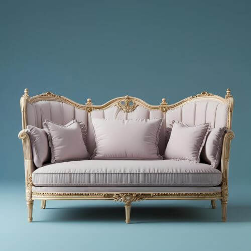 A imagem mostra um sofá pequeno de dois lugares, com estofado azul claro e design clássico com encosto capitonê (botões decorativos)