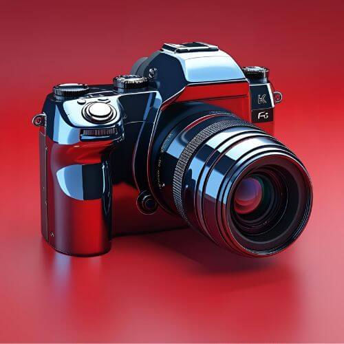 A imagem mostra uma câmera fotográfica digital de design moderno. Ela é preta, com acabamento fosco e detalhes metálicos brilhantes na lente. Possui uma lente grande e destacada na frente, com anéis de ajuste visíveis. O corpo da câmera tem botões e seletores na parte superior, além de uma empunhadura lateral para melhor segurar. O fundo é cinza e simples, destacando o produto.