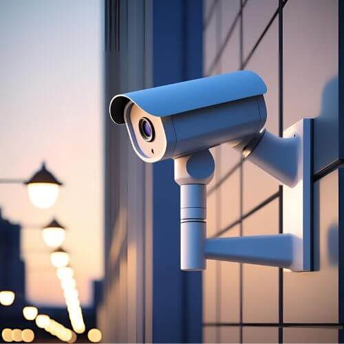 mostra uma câmera de segurança estilo bullet (bala), instalada externamente em uma parede. Aqui está uma descrição detalhada: Tipo: Bullet (tubo), ideal para uso externo por sua robustez e foco direcional. Cor e Material: Aparência metálica ou prateada com acabamento polido, sugerindo resistência e durabilidade. Características Visuais: Possui lente central grande, rodeada por LEDs infravermelhos, provavelmente para visão noturna. Inclui uma aba superior (visor) para proteção contra sol e chuva. Montada com um suporte articulado, permitindo ajustes no ângulo de visão. Ambiente: Está instalada em uma parede externa, com o fundo levemente desfocado sugerindo um cenário urbano ao entardecer. Esse modelo é muito utilizado em fachadas de casas, comércios e áreas onde é necessário um foco fixo e vigilância constante.