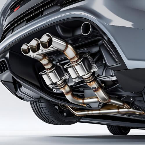 A imagem mostra o sistema de escapamento de um carro esportivo visto por baixo, com detalhes modernos e de alto desempenho. Aqui está uma descrição simples: Tubos metálicos brilhantes: Feitos de aço inoxidável, bem polidos. Quatro saídas de escape: Indicando um sistema esportivo, provavelmente de um carro de alta performance. Dois silenciadores ou ressonadores: Conectados aos tubos, ajudam a controlar o som e emissões. Design simétrico e complexo: Com várias curvas, sugerindo preocupação com desempenho e estética. Parte traseira do carro visível: Com um acabamento esportivo e rodas largas.