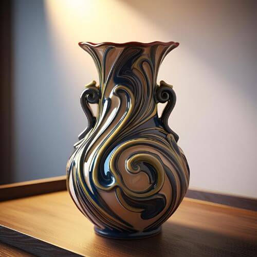 mostra um vaso de cerâmica altamente ornamental com um design artístico e imponente. A peça tem um corpo volumoso com curvas onduladas e entalhes em relevo que criam um efeito espiralado e dinâmico, como se o vaso estivesse em constante movimento. A paleta de cores é rica e sofisticada, com predominância de azul profundo, dourado e bege. As linhas curvas em relevo se entrelaçam em um padrão quase barroco, destacando-se sobre a base esmaltada com acabamento brilhante. A boca do vaso é larga e suavemente ondulada, adicionando um toque de elegância à silhueta. Dois pequenos puxadores ornamentais em forma de arabescos decoram os lados superiores do vaso, reforçando seu caráter artístico. A peça está posicionada sobre uma superfície de madeira, sob iluminação suave e lateral que valoriza seu brilho e profundidade de cor. Este vaso é uma verdadeira peça de destaque, ideal para ambientes sofisticados ou como centro de mesa em composições decorativas refinadas.