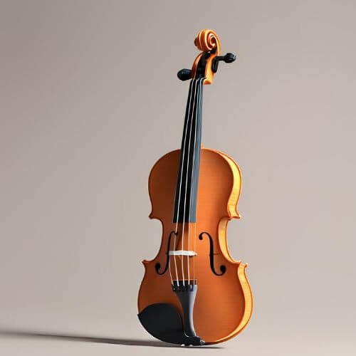 mostra um violino estilizado em 3D com um design moderno e minimalista. O instrumento tem um acabamento liso e limpo, com cores vibrantes e uma textura que parece levemente artificial, sugerindo um modelo digital ou uma ilustração. A iluminação suave destaca suas curvas e contornos, criando uma estética sofisticada. O fundo neutro realça ainda mais a presença do violino, dando um ar artístico e contemporâneo à composição.
