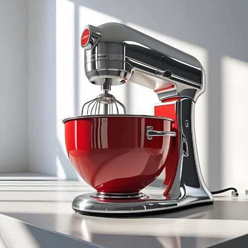 A imagem mostra uma batedeira de estilo retrô com um design moderno e elegante. Ela possui um corpo metálico com acabamento cromado brilhante, contrastando com uma tigela grande de cor vermelha vibrante. A parte superior da batedeira tem um botão vermelho com um detalhe prateado, reforçando o visual vintage. A batedeira está posicionada sobre uma superfície branca, provavelmente uma bancada de cozinha, com luz natural entrando pelas janelas ao fundo, criando sombras suaves. O ambiente é claro e minimalista, destacando ainda mais o design sofisticado do eletrodoméstico. Essa batedeira é do tipo planetária, ideal para misturar massas, bater claras e preparar diversos tipos de receitas com eficiência e estilo.