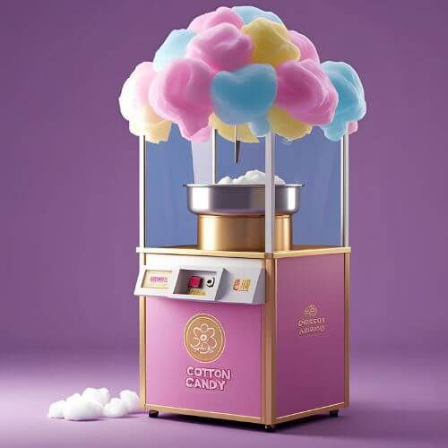A imagem mostra uma máquina de algodão-doce em estilo 3D, com design colorido e divertido. A base da máquina é rosa com detalhes dourados e tem o texto “COTTON CANDY” na frente. Na parte de cima, há vários algodões-doces em tons pastel de rosa, azul e amarelo, formando uma “nuvem” sobre a máquina. O fundo é lilás, criando um visual alegre e chamativo.