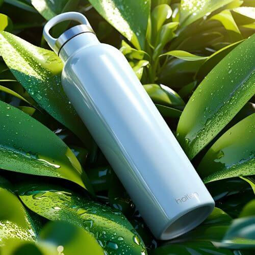 uma garrafa de água azul-clara, com um design moderno e minimalista, repousando sobre folhas verdes cobertas de gotículas de água. A garrafa tem acabamento brilhante e uma alça prateada na tampa, sugerindo praticidade para transporte. O cenário natural e as folhas úmidas transmitem uma sensação de frescor e sustentabilidade, reforçando a ideia de um produto reutilizável e ecológico.