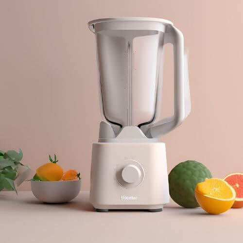  um liquidificador branco com um design moderno e minimalista. Ele possui uma base robusta com um botão giratório para controle de velocidade. O copo de vidro transparente  O fundo é neutro, com tons suaves que destacam o eletrodoméstico. A iluminação é bem equilibrada, criando uma estética clean e sofisticada.