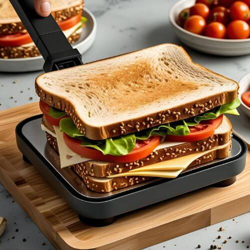 A imagem mostra uma sanduicheira elétrica aberta, com um sanduíche sendo tostado.
