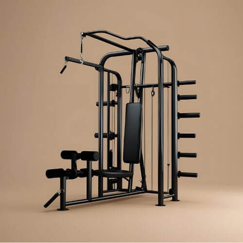 um equipamento multifuncional de musculação utilizado em academias. O aparelho é predominantemente preto com detalhes metálicos e está posicionado sobre um fundo amarelo liso. Este tipo de equipamento permite a realização de diversos exercícios, como: Puxada alta (pulldown) para costas, Crossover para peitoral, Remada baixa, Extensão de pernas (leg extension), Rosca direta, entre outros.
