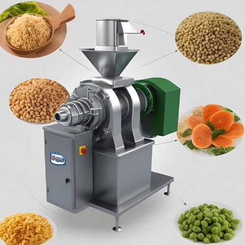 mostra uma máquina industrial de extrusão de alimentos, com foco em produtos alimentícios processados. Ela é usada para transformar matéria-prima (geralmente à base de soja ou outros grãos) em diversos tipos de alimentos extrusados. 🔧 Descrição da máquina: Estrutura robusta em aço inox. Um funil superior para inserção da matéria-prima. Motor potente na lateral (cor verde). Painel de controle simples com botão de emergência. Bico extrusor na frente, onde o alimento processado é expelido.