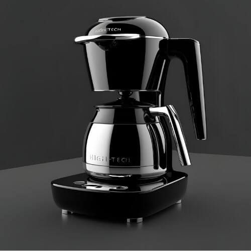 A imagem mostra uma cafeteira elétrica de design moderno e elegante. Ela possui acabamento preto brilhante com detalhes metálicos cromados. A base é retangular, com botões de controle na parte frontal. A jarra de vidro tem um formato arredondado e também conta com acabamento metálico, com a inscrição "HIGH TECH" na superfície. A parte superior, onde fica o compartimento do filtro, tem um design arredondado e robusto, com uma alça ergonômica preta. O fundo da imagem é cinza escuro, destacando o visual sofisticado e minimalista do produto.