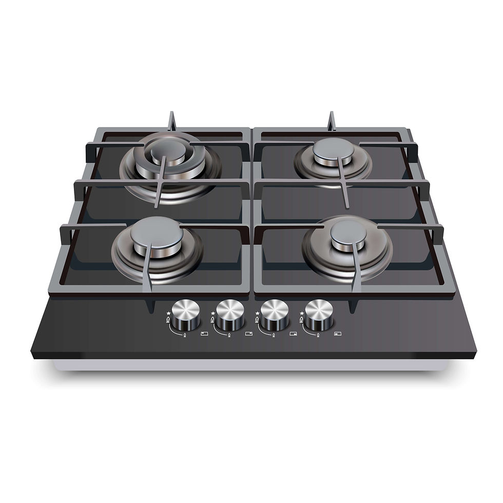 Um cooktop a gás com quatro queimadores, design moderno e acabamento sofisticado. A superfície é em vidro preto, com grades metálicas robustas que sustentam as panelas. Os queimadores têm tamanhos diferentes, incluindo um maior para preparo rápido. Na parte frontal, há quatro botões giratórios em inox, alinhados horizontalmente, usados para o controle individual das chamas. O visual é minimalista, elegante e voltado para cozinhas contemporâneas.
