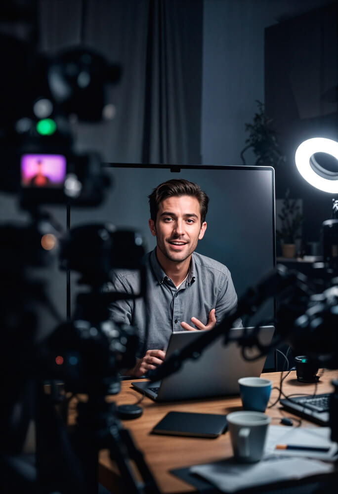 mostra um homem jovem gravando ou transmitindo um vídeo em um estúdio caseiro ou profissional. Ele está sentado à frente de um laptop, falando diretamente para a câmera com uma expressão simpática e envolvente, como se estivesse apresentando um conteúdo ou realizando uma live. Elementos principais da cena: 🎥 Várias câmeras estão posicionadas ao redor, indicando uma produção multicâmera. 💡 Um anel de luz (ring light) está aceso à direita, garantindo boa iluminação no rosto dele. 🧑💻 O homem usa uma camisa social cinza e parece confortável e confiante. 📋 Na mesa há uma caneca, papéis, tablet e teclado, compondo um ambiente de trabalho bem equipado. 🌙 O ambiente sugere que é à noite ou em local fechado com iluminação artificial, dado o fundo escuro e luzes fortes focadas.