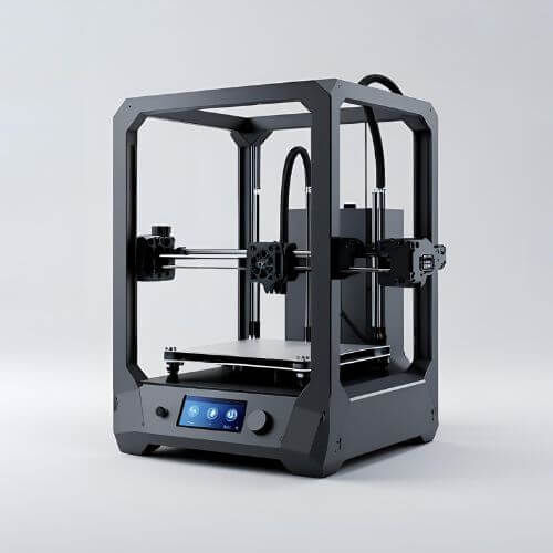 A imagem mostra uma impressora 3D de mesa. Ela tem uma estrutura em formato de caixa com perfis metálicos pretos, uma base com superfície plana onde as peças são impressas e uma tela de controle com botões azuis na parte frontal. Há fios e tubos conectados ao cabeçote de impressão, que se move na horizontal e na vertical. É um equipamento usado para criar objetos tridimensionais a partir de plástico derretido.