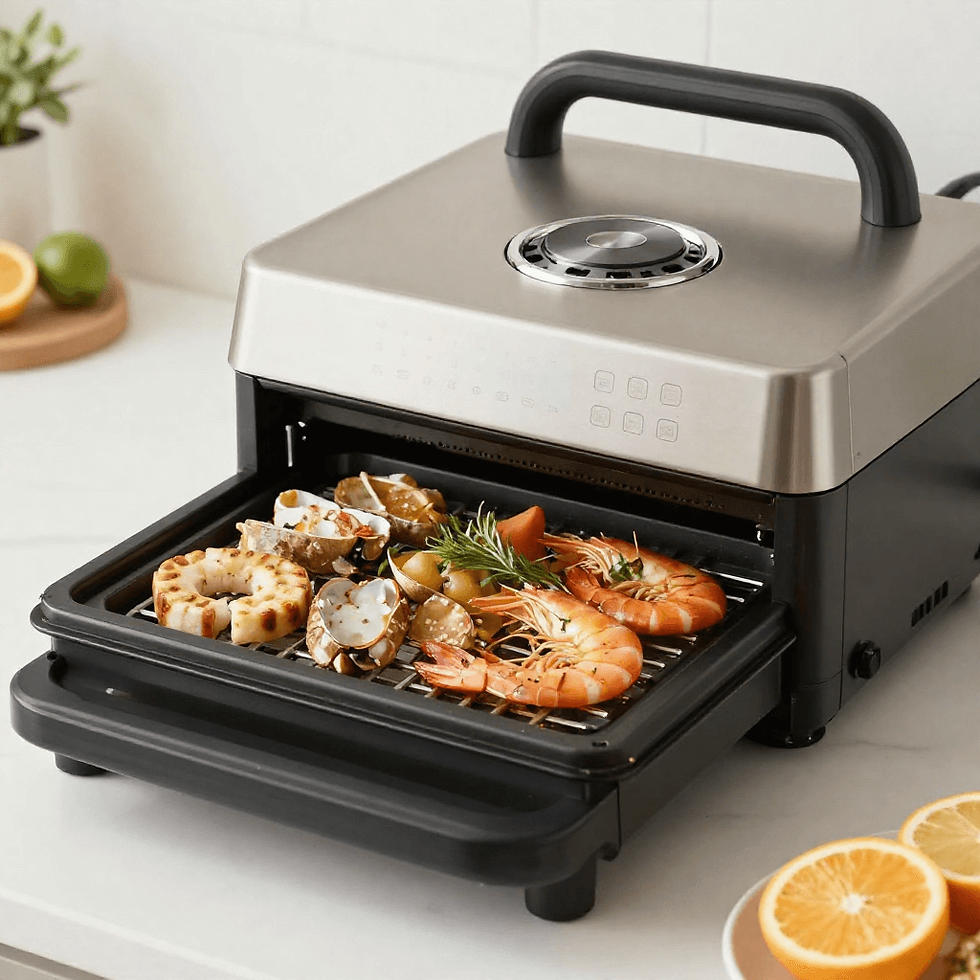 A imagem mostra um eletrodoméstico de cozinha compacto, com design moderno e acabamento em aço inox escovado na parte superior e estrutura preta na base. O aparelho possui uma alça robusta na parte de cima, facilitando o transporte, e um painel de controle discreto com ícones sensíveis ao toque na frente. Na parte frontal, há uma bandeja ou gaveta deslizante aberta, revelando uma grelha interna onde estão sendo preparados diversos alimentos. Sobre a grelha aparecem frutos do mar, incluindo camarões grandes, metades de lagosta e um pedaço de lula grelhada. Os alimentos estão decorados com ervas frescas, como alecrim, além de pequenos acompanhamentos como tomates e cogumelos, sugerindo um preparo sofisticado.