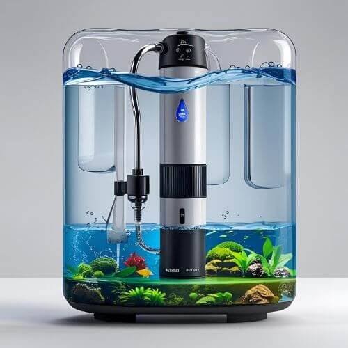 Purificador de água moderno com design transparente. A parte inferior do reservatório simula um pequeno aquário com pedras, plantas e um peixinho colorido, dando um visual decorativo. No centro há um cilindro metálico com controles e indicador luminoso em forma de gota azul. O aparelho possui tubos internos para filtragem e circulação da água.