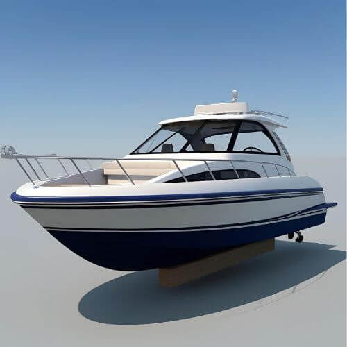 A imagem mostra um barco de pequeno porte com cabine fechado, renderizado em 3D.O design é moderno e robusto, com casco branco e fundo azul, proteção lateral com guarda-corpo azul metálico e um motor de popa na parte traseira. A cabine possui janelas amplas, permitindo boa visibilidade interna, sugerindo conforto e segurança para navegação em rios ou águas costeiras. É o tipo de embarcação ideal para passeios familiares ou pesca esportiva, com acabamento limpo e proporções realistas, reforçando seu uso em visualizações para catálogos, publicidade ou simulações náuticas.
