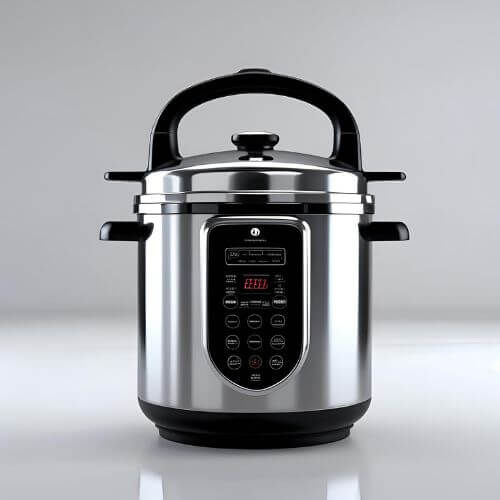 A imagem mostra uma panela elétrica moderna de aço inox, com acabamento preto e detalhes digitais. Ela possui uma tampa com alça robusta, visor digital com luz vermelha e botões sensíveis ao toque no painel superior e frontal. O design é elegante e tecnológico, indicando funções programáveis, ideal para cozinhar arroz, feijão ou outros alimentos de forma prática.