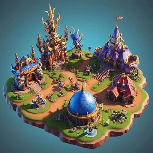 uma ilha flutuante em estilo de fantasia, parecendo um cenário de um jogo de estratégia ou RPG. O ambiente é detalhado com diversas construções únicas e elementos mágicos