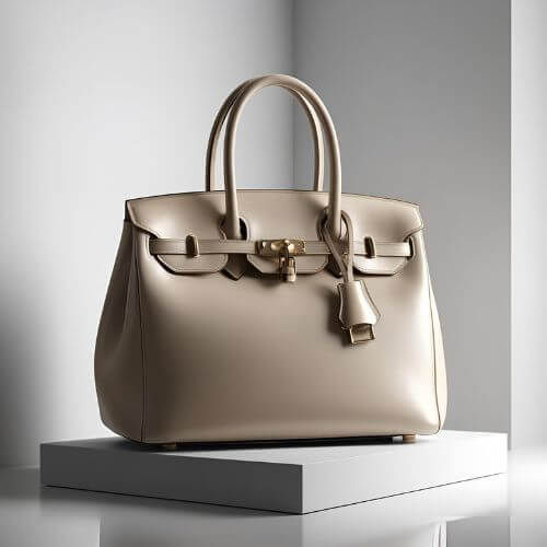mostra uma bolsa de mão luxuosa e elegante, com design sofisticado em tons claros e detalhes em BRANCO. O corpo da bolsa é em bege claro, com textura em alto-relevo formando padrões geométricos e florais sutis. As alças curtas são de couro BRANCO, reforçadas por ferragens douradas, o que adiciona um toque de refinamento.