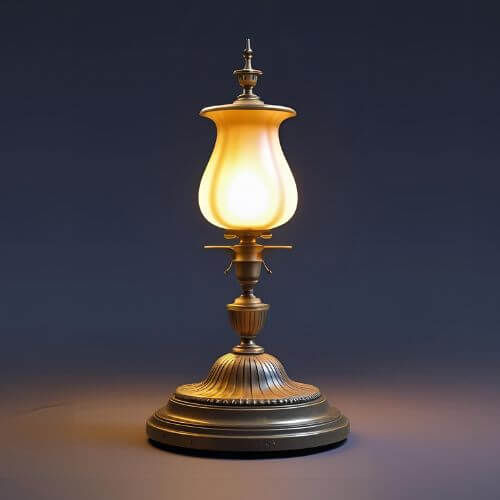 A imagem mostra uma luminária de mesa com estilo vintage. Ela tem uma base redonda trabalhada em metal dourado, com detalhes clássicos. O abajur tem formato de flor, feito de vidro fosco com tonalidade amarelada, emitindo uma luz quente e suave. O design é elegante e antigo, ideal para ambientes com decoração retrô ou clássica.