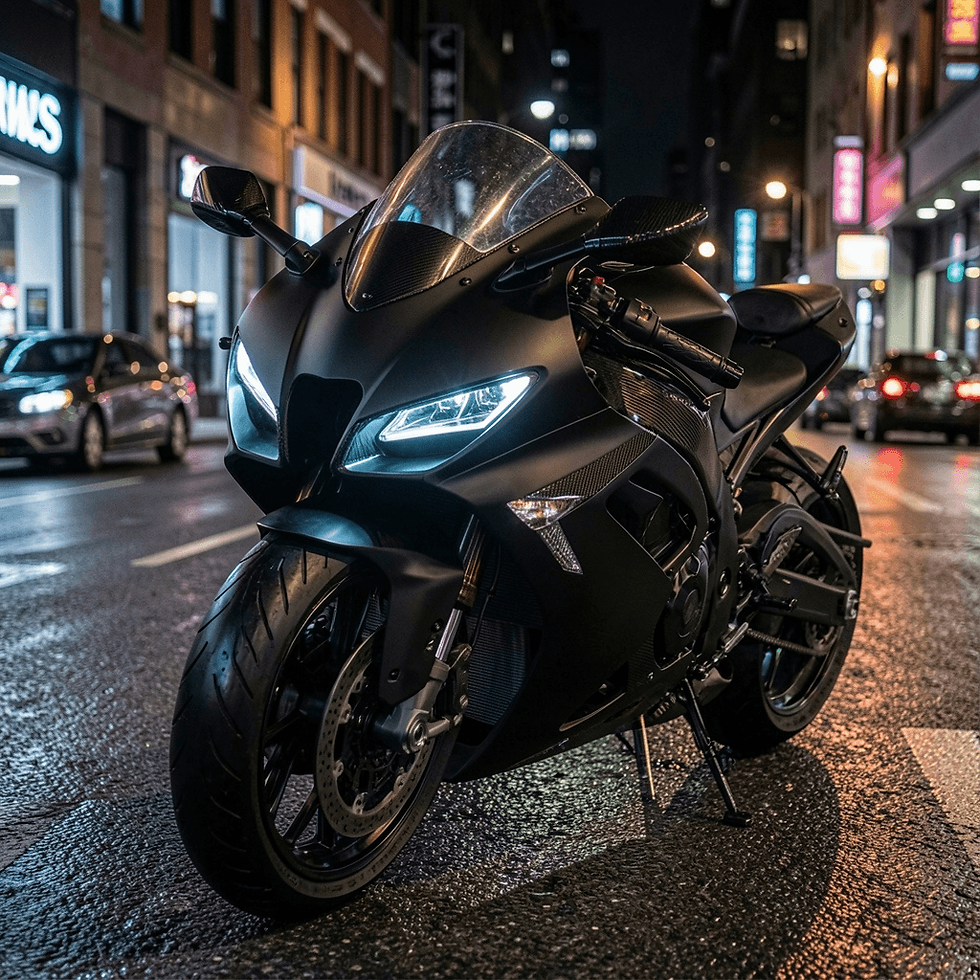 Moto esportiva preta em rua urbana à noite, faróis acesos. Lojas iluminadas ao fundo, piso molhado refletindo luzes da cidade.