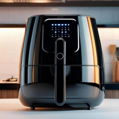 Esta é uma air fryer preta com acabamento brilhante e design elegante. Ela possui um painel digital iluminado por LEDs azuis, com botões sensíveis ao toque organizados em um formato circular. A alça frontal é vertical, com um botão central, facilitando a abertura do cesto. O visual moderno combina bem com cozinhas sofisticadas e minimalistas, oferecendo praticidade e estilo ao mesmo tempo.