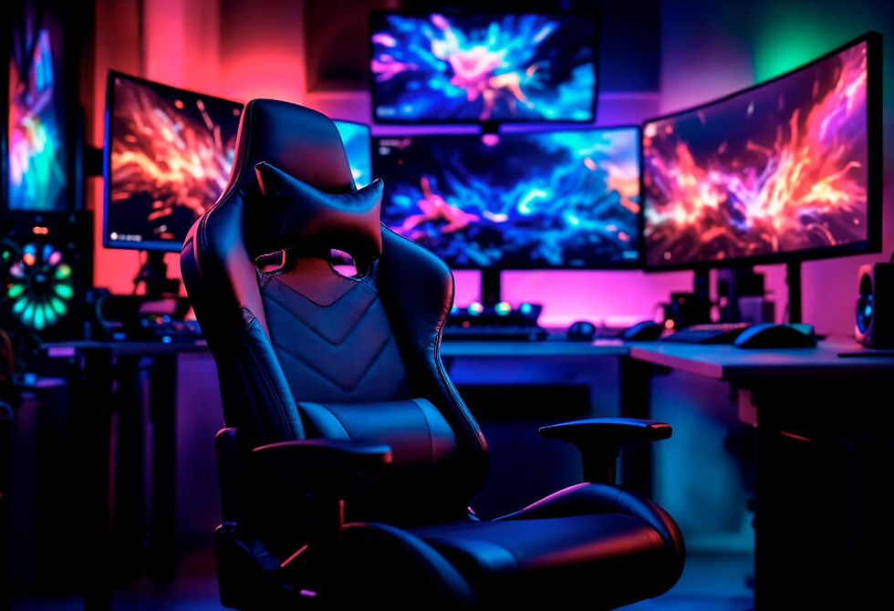 A imagem mostra um setup gamer moderno e colorido. Sobre a mesa há um monitor ligado exibindo imagens vibrantes em estilo futurista com luzes de neon, e ao lado um notebook mostrando a mesma cena. Em frente ao monitor estão um teclado mecânico iluminado com RGB, um mouse também com iluminação, e um controle de videogame branco. Há ainda um grande mousepad com bordas iluminadas em LED. Dois alto-falantes estão posicionados ao lado do monitor e do notebook. Em frente à mesa, há uma cadeira gamer preta com detalhes em verde e um fone de ouvido apoiado nela. O ambiente é iluminado com luzes em tons de roxo, rosa e verde, criando um clima imersivo e tecnológico.