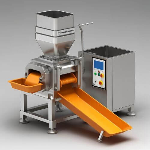 mostra uma máquina industrial de extrusão de alimentos, com foco em produtos alimentícios processados. Ela é usada para transformar matéria-prima (geralmente à base de soja ou outros grãos) em diversos tipos de alimentos extrusados. 🔧 Descrição da máquina: Estrutura robusta em aço inox. Um funil superior para inserção da matéria-prima. Motor potente na lateral (cor verde). Painel de controle simples com botão de emergência. Bico extrusor na frente, onde o alimento processado é expelido.