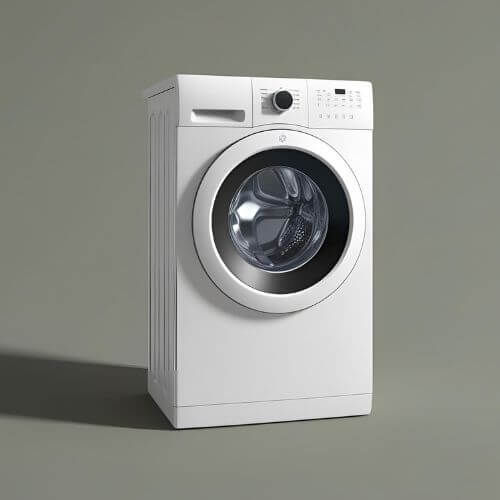 mostra uma máquina de lavar roupas de carregamento frontal com design moderno e minimalista. O eletrodoméstico é totalmente branco, com linhas limpas e um acabamento liso. A porta frontal é redonda, com uma moldura prateada e visor de vidro, permitindo ver o interior do tambor. Na parte superior frontal, há um painel de controle digital, que inclui um botão giratório central para seleção de programas, além de diversos botões e uma pequena tela indicadora, sugerindo uma interface intuitiva para operação. O fundo é um tom sólido de verde acinzentado, e a máquina está destacada com sombra suave, valorizando o produto com um toque sofisticado e realista. O estilo da imagem remete a uma renderização 3D de alta qualidade, ideal para uso em catálogos de eletrodomésticos, e-commerces ou materiais publicitários de linha branca.