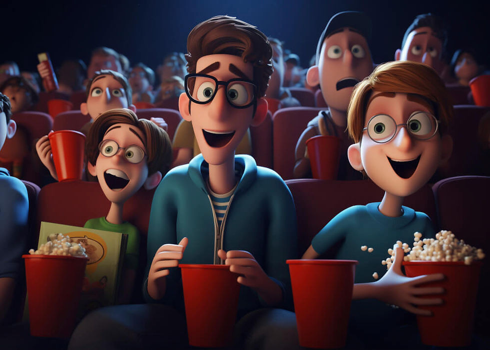 A imagem mostra uma cena animada em 3D ambientada dentro de um cinema. No primeiro plano, há três personagens sentados lado a lado, todos com expressões alegres e surpresas enquanto assistem ao filme. Eles seguram grandes baldes de pipoca vermelhos, e o ambiente ao redor está cheio de outras pessoas também empolgadas, todas voltadas para a tela. A iluminação suave e o foco nos rostos dão uma sensação de imersão e entusiasmo, transmitindo perfeitamente o clima divertido e envolvente de uma sessão de cinema animada.