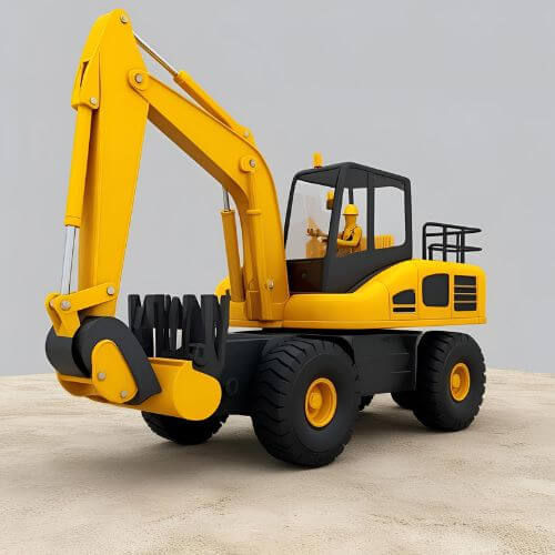 m mostra uma escavadeira hidráulica 3D com design moderno. Ela possui as seguintes características:  Cor principal: Laranja vibrante na parte superior (cabine, braço e lança).  Base: A estrutura inferior, incluindo as esteiras, é preta, projetada para tração em terrenos acidentados.  Cabine: Vidros transparentes e estrutura metálica laranja, com detalhes como retrovisores e um operador visível no interior.  Braço e caçamba: O braço articulado é robusto, com uma caçamba larga na extremidade para escavação.  Marca: Há uma logomarca visível com o nome "Loren" no braço da escavadeira.  O fundo é neutro (cinza), sugerindo que a imagem é um modelo 3D renderizado para fins de visualização ou apresentação de produto.