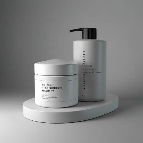 mostra dois produtos cosméticos sobre uma base oval branca em um ambiente minimalista, com fundo cinza suave. Os produtos têm embalagens modernas e elegantes: À esquerda: Um pote branco com tampa angular, lembrando uma tampa em forma de pirâmide truncada. O rótulo apresenta um design limpo com texto preto. É identificado como um “3D PRODUCT”. À direita: Um frasco cilíndrico maior com uma bomba dosadora preta. A embalagem é prateada fosca e também possui um rótulo com tipografia simples e moderna, contendo palavras como “SHOWER GEL”. Ambos os itens têm uma estética de design premium e minimalista, sugerindo que pertencem a uma linha de cuidados com a pele ou corpo de alto padrão.