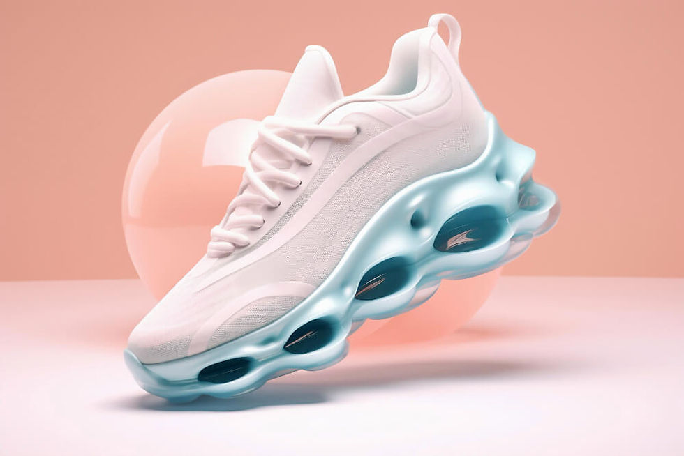 Tênis esportivo em renderização 3D, com design futurista e minimalista. O cabedal é predominantemente branco, com aparência de tecido respirável, linhas suaves e acabamento limpo. Os cadarços seguem o mesmo tom claro, integrando-se ao visual monocromático.