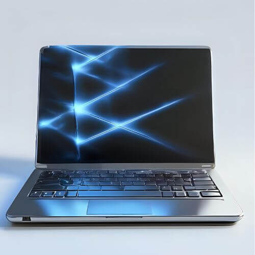 A imagem mostra um notebook prateado aberto