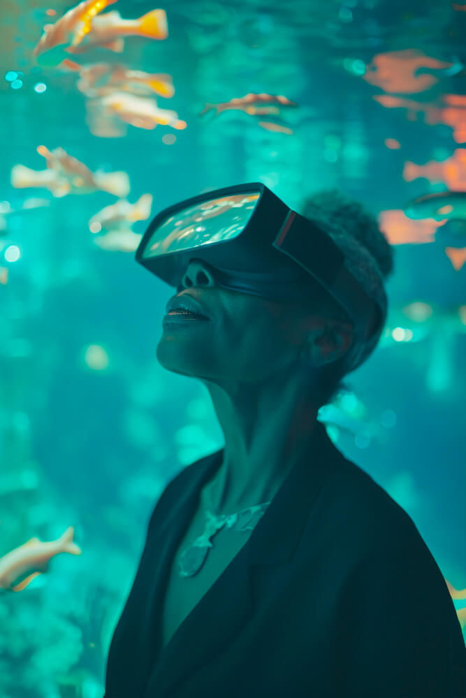 Na imagem, uma mulher está usando um óculos de realidade virtual e olhando para cima. Ao fundo, há muitos peixes e um ambiente que parece subaquático, com luz azulada. A cena transmite a sensação de que ela está imersa em uma experiência de realidade aumentada ou virtual, como se estivesse explorando um aquário digital.