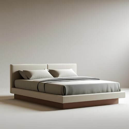 A imagem mostra uma cama de casal moderna com design minimalista. A estrutura é branca com acabamento liso e base em madeira escura, proporcionando contraste elegante. O colchão está forrado com roupa de cama cinza, acompanhada de dois travesseiros grandes e duas almofadas menores na mesma paleta de tons neutros. O encosto é estofado em branco, dividido em dois painéis. O ambiente é limpo e claro, ideal para destacar o estilo contemporâneo da peça.