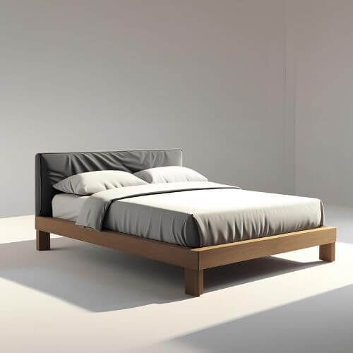 A imagem mostra uma cama de casal moderna com design minimalista. A estrutura é branca com acabamento liso e base em madeira escura, proporcionando contraste elegante.