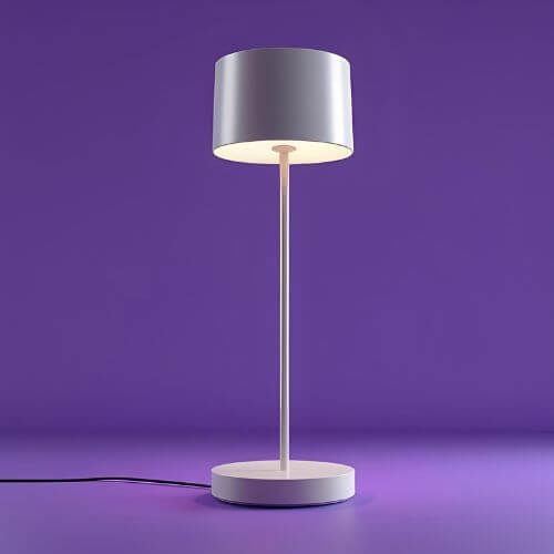 A imagem mostra uma luminária de mesa com design moderno e minimalista. Ela possui uma base redonda simples, um corpo fino e vertical, e uma cúpula cilíndrica na parte superior. Toda a estrutura é em tom claro, e o fundo roxo realça seu visual clean. A luminária emite uma luz suave e direta, ideal para ambientes contemporâneos ou escritórios.