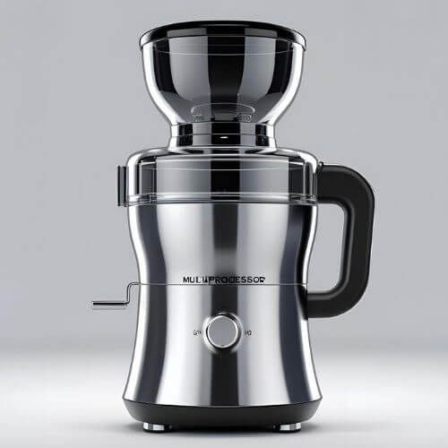 Este é um multiprocessador de alimentos com design moderno e acabamento em inox. Possui um botão giratório de controle no centro, alça lateral preta para manuseio e um bocal superior para inserção de ingredientes. Ele é compacto e ideal para uso doméstico.