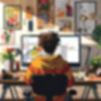 ma ilustração em estilo artístico detalhado de uma pessoa sentada em uma cadeira de escritório, vista de costas, trabalhando em um computador. O indivíduo tem cabelo bagunçado e veste um moletom amarelo com listras em tons de laranja e vermelho.