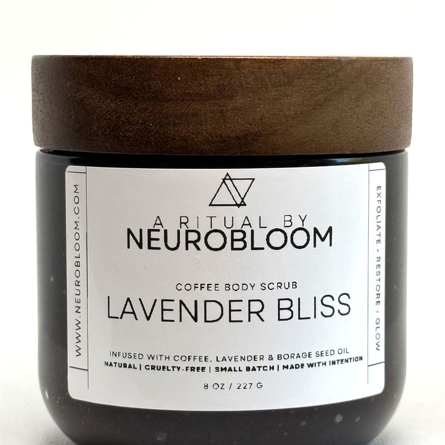 Neurobloom Lavender Bliss Coffee Scrub in a glass jar, natural exfoliating body scrub with coffee grounds, coconut and borage