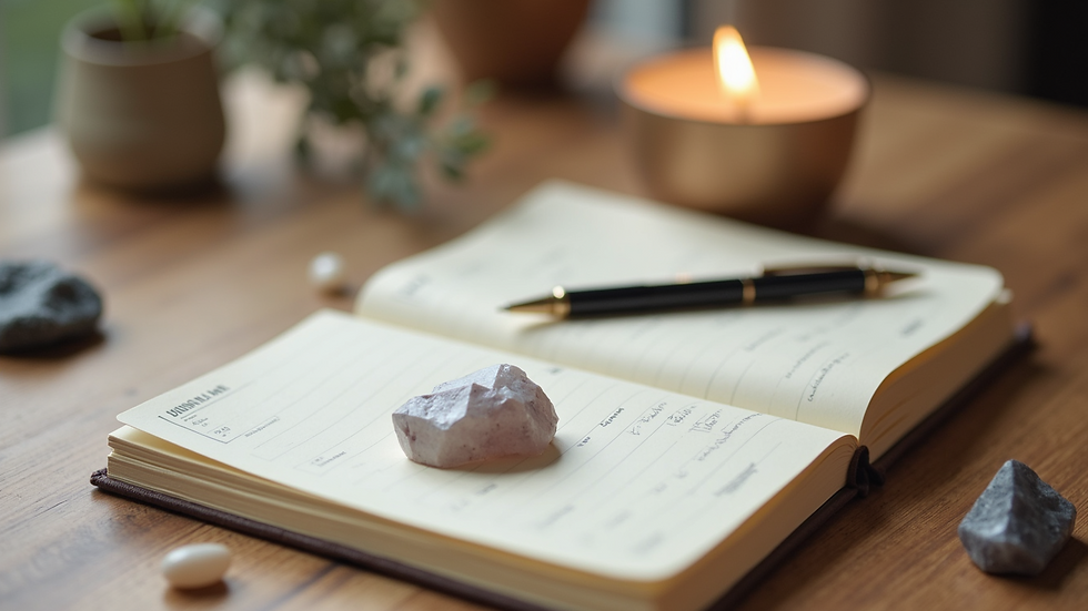 Close-up view of a journal with a pen and crystals on a wooden table