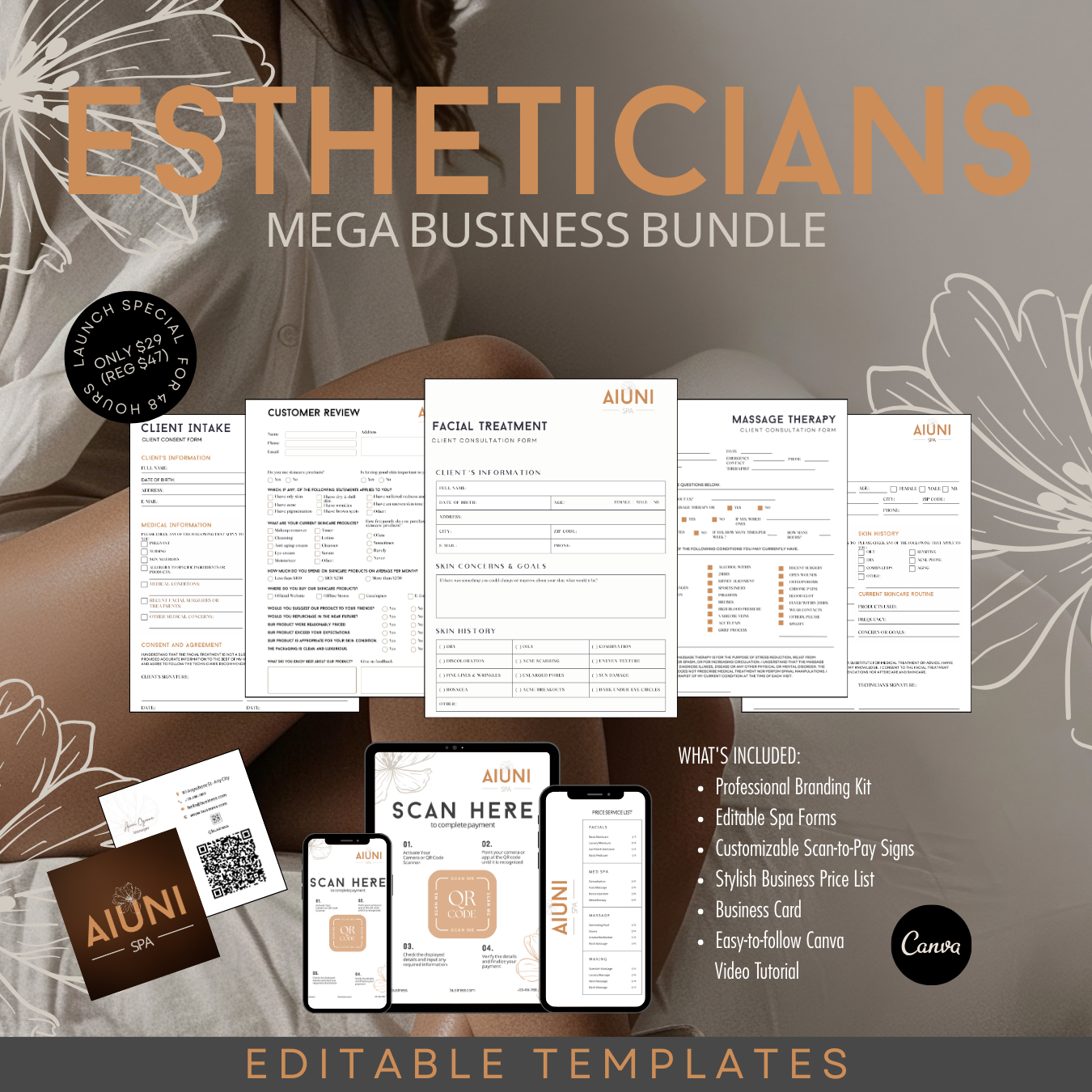 Mega Paquete para Negocios de Spa – Formularios Editables para Esteticistas, Kit de Branding y Plantillas en Canva