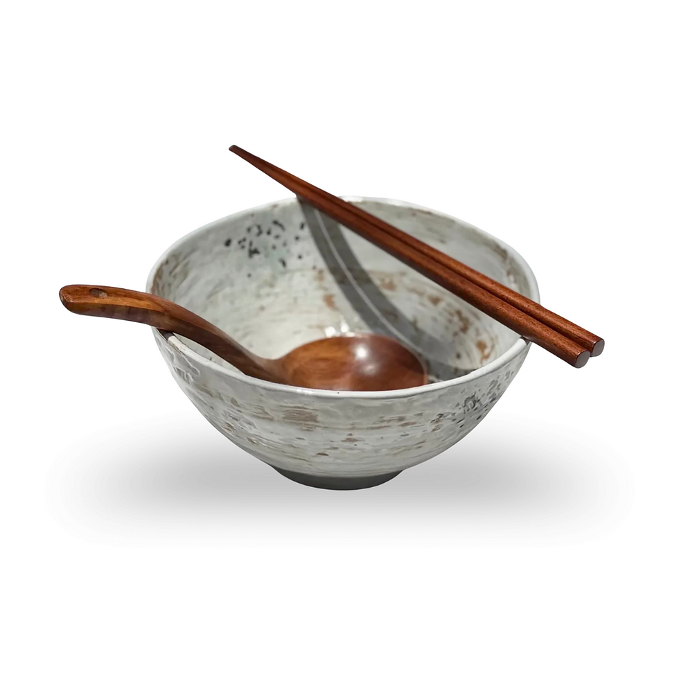 Ceramic ramen bowl set with wooden spoon and chopsticks in soft gray and earthy neutral tones.