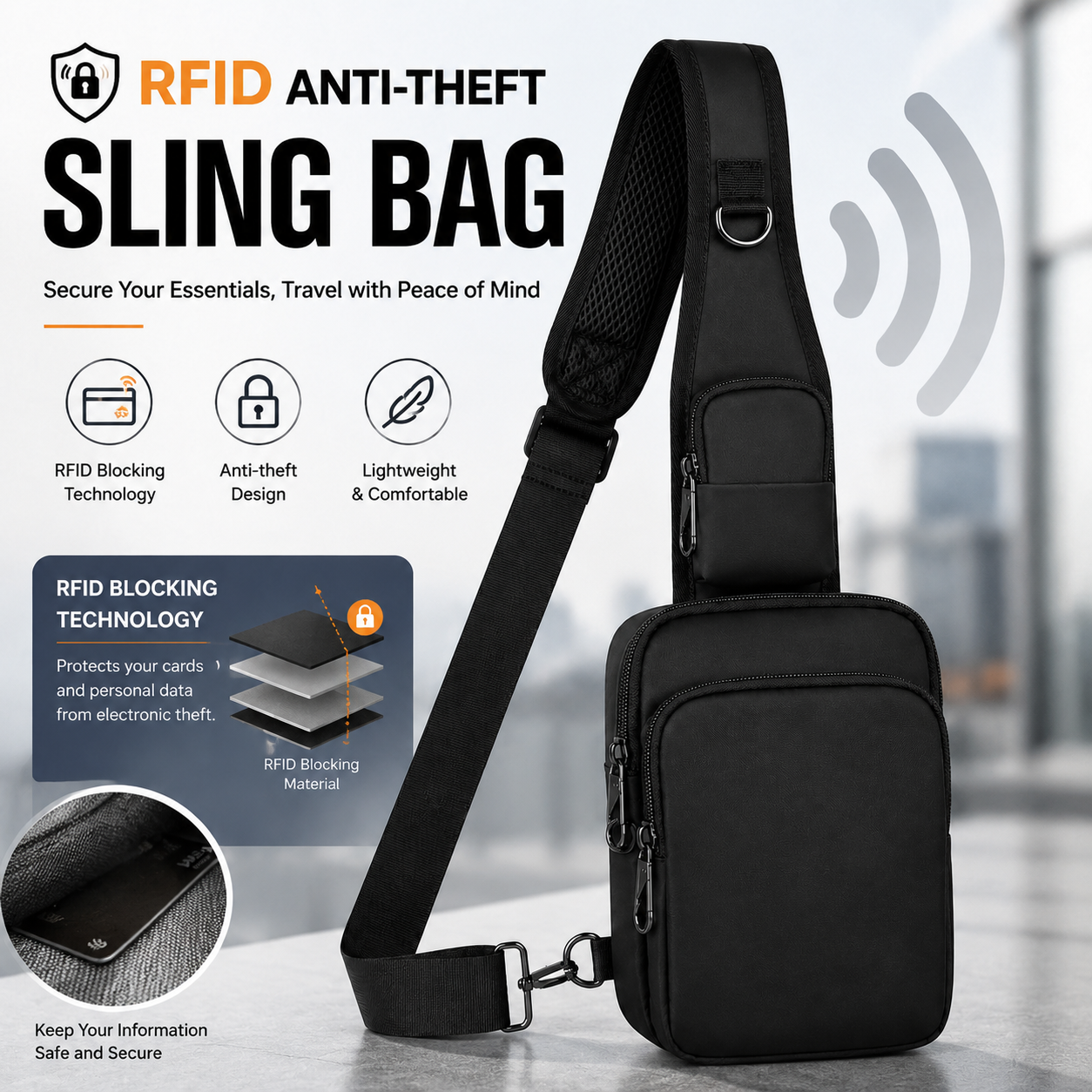 Fashionable Casual RFID Anti-Theft Sling Bag for Men's, Street Sports Chest Bag