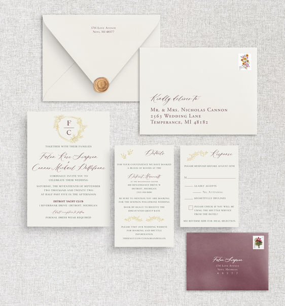 Gold and burgundy monogram crest wedding invitation suite