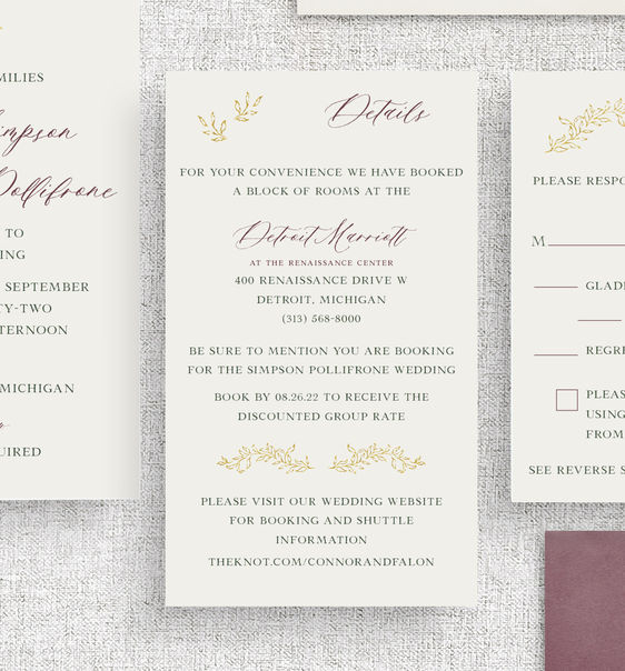 Gold and burgundy monogram crest details card