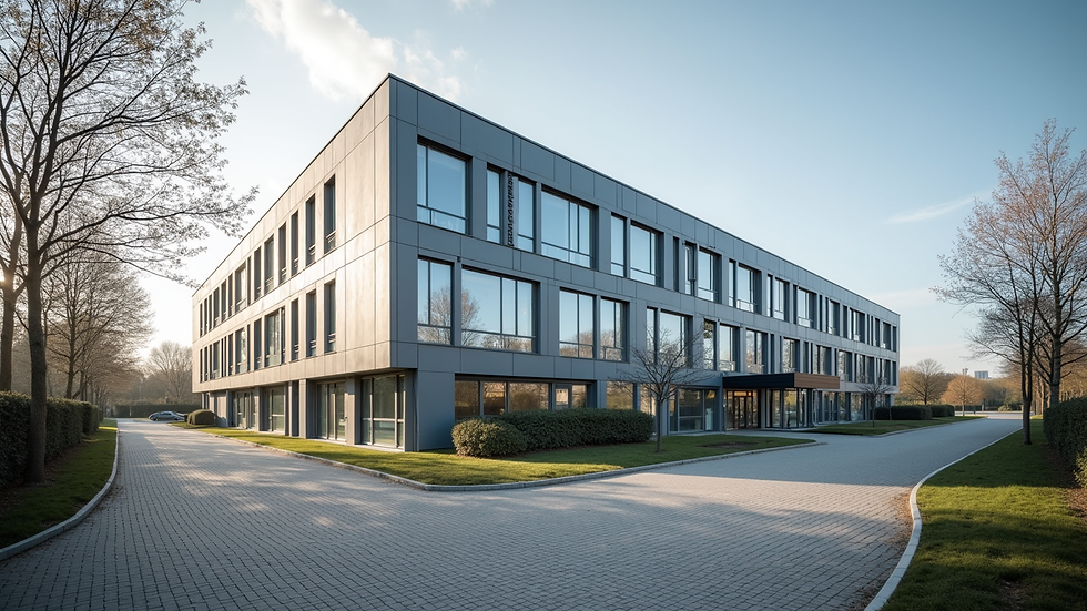 Weitwinkelaufnahme eines modernen Bürogebäudes in der Region Crailsheim