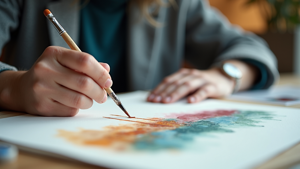Close-up of a person painting with watercolors on paper